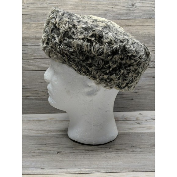 Vintage Curly Lamb Fur Pillbox Hat Gray White Black Small No Tags - Picture 2 of 8